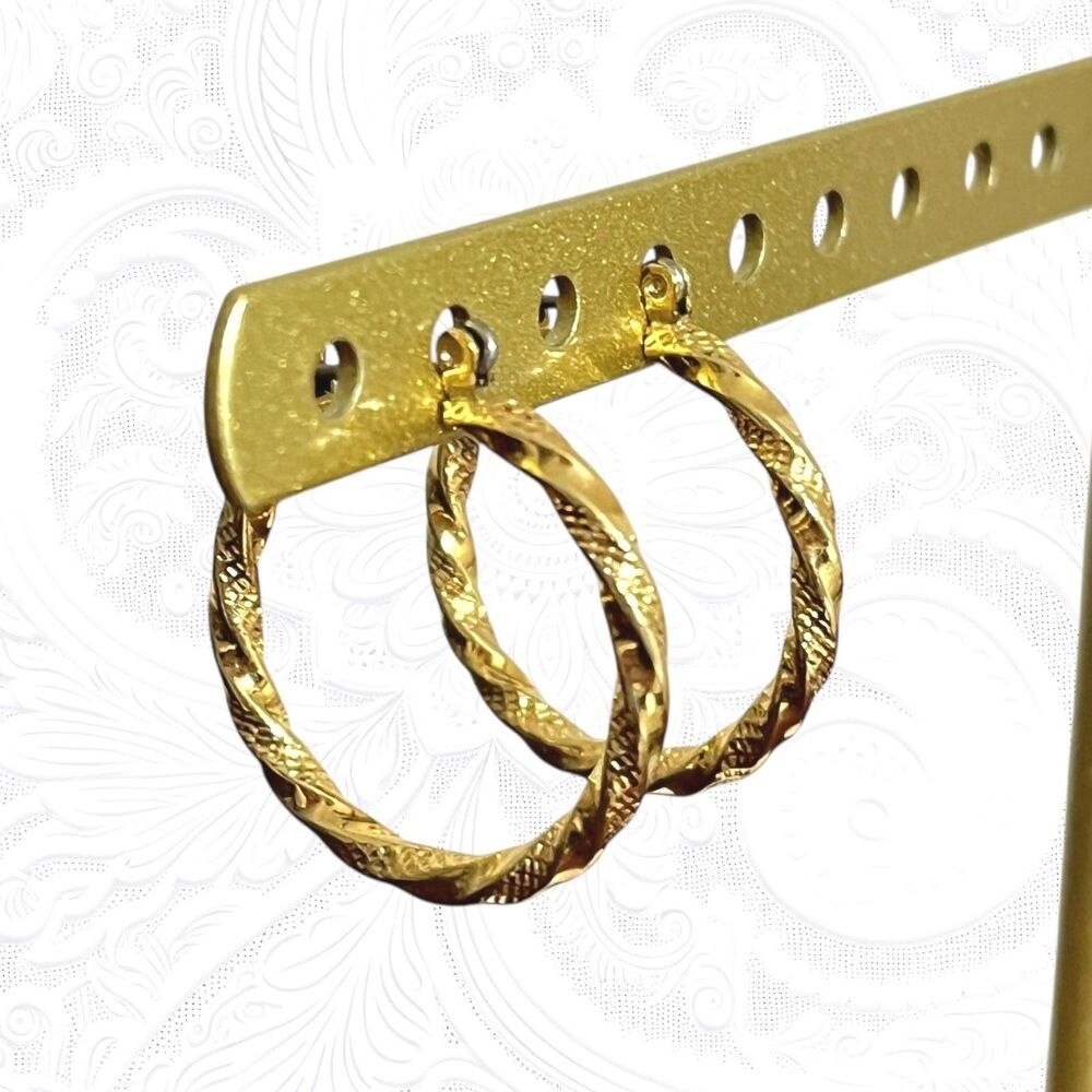 Textured Twist Hoops Earrings Gold Tone Chic Solid Metal Classic Pierced 1"